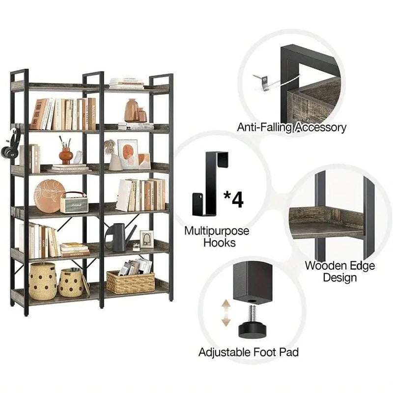 Metal Bookcase - 6-Tier Grey Storage Unit with Hooks, 43.3" Wide by House Of Avana