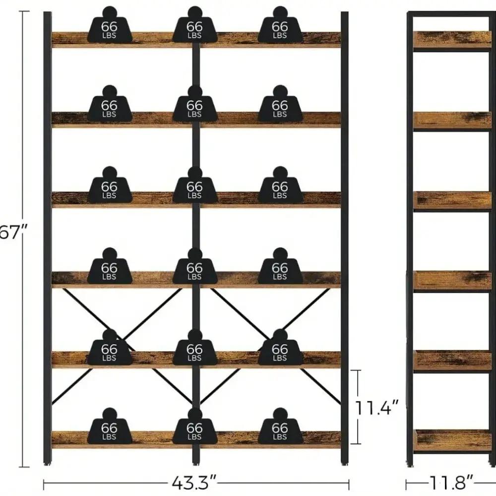 Metal Bookcase - 6-Tier Grey Storage Unit with Hooks, 43.3" Wide by House Of Avana