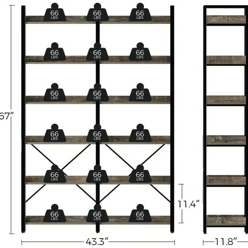 Metal Bookcase - 6-Tier Grey Storage Unit with Hooks, 43.3" Wide by House Of Avana