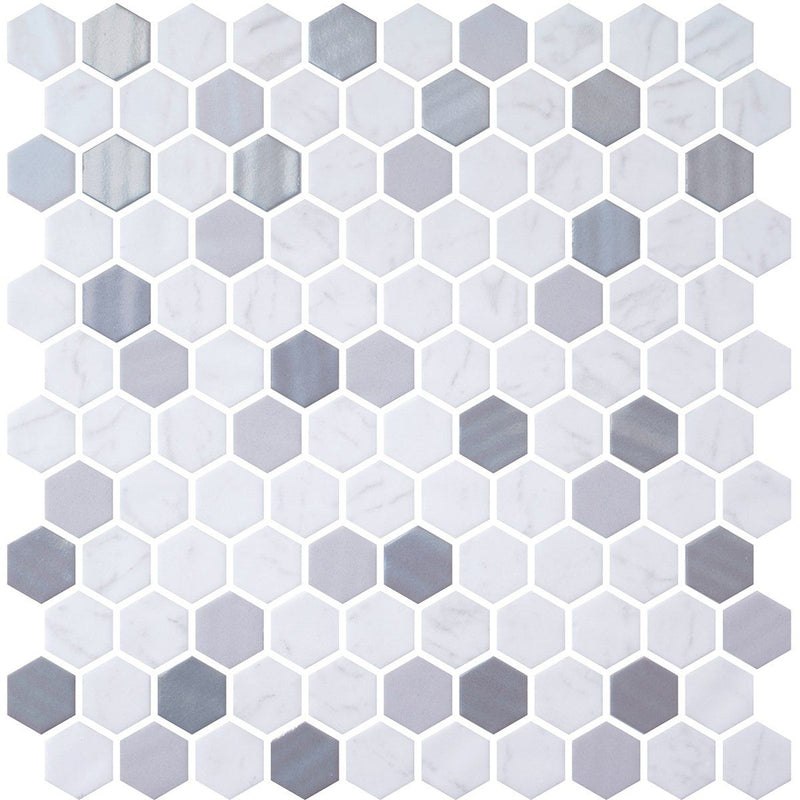 Metal, Carrara Polished Hexagon Glass Mosaics 11 3/4x11 1/2 Glass Polished 12x12 Mosaics