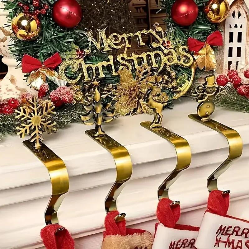 Metal Christmas Stocking Holder Set, 4pcs Golden with Non-Slip Hooks by House Of Avana