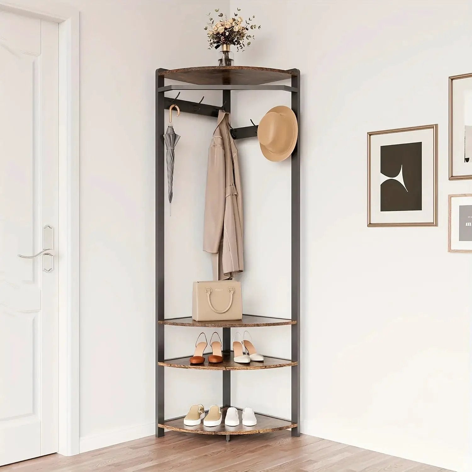 Metal Corner Coat Rack with 6 Double Hooks, Space Saving Storage by House Of Avana