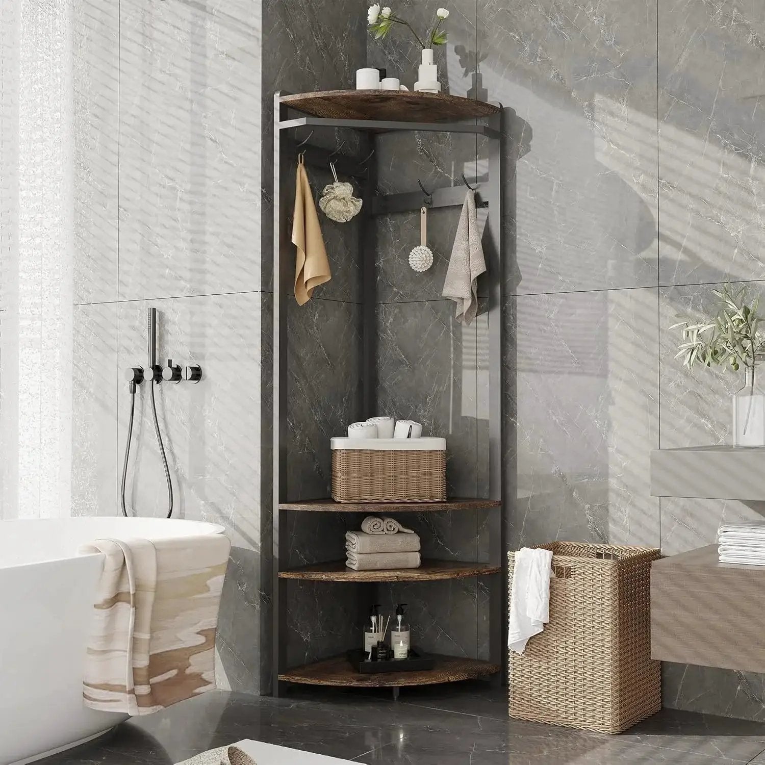 Metal Corner Coat Rack with 6 Double Hooks, Space Saving Storage by House Of Avana