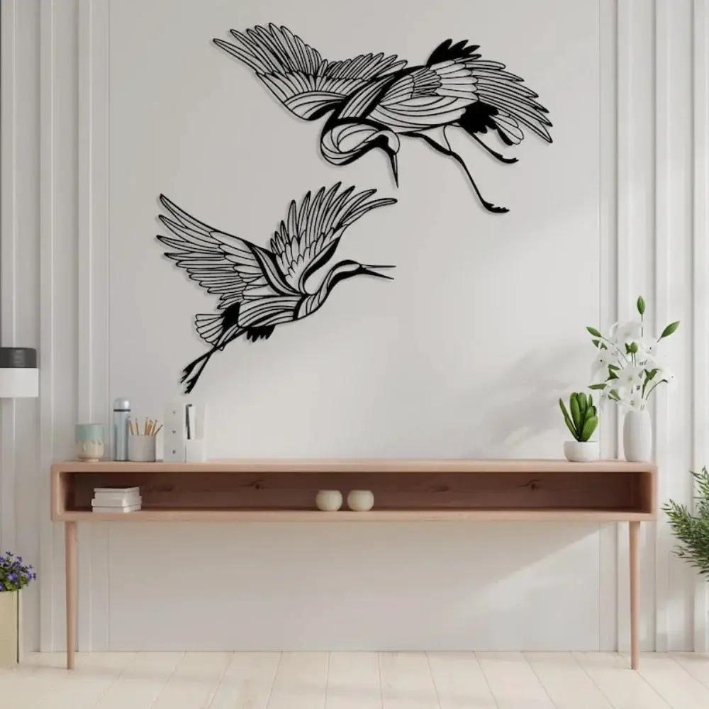 Metal Crane Wall Art Set of 2 with Flying Birds Decor by House Of Avana