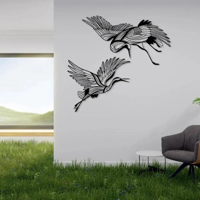 Metal Crane Wall Art Set of 2 with Flying Birds Decor by House Of Avana