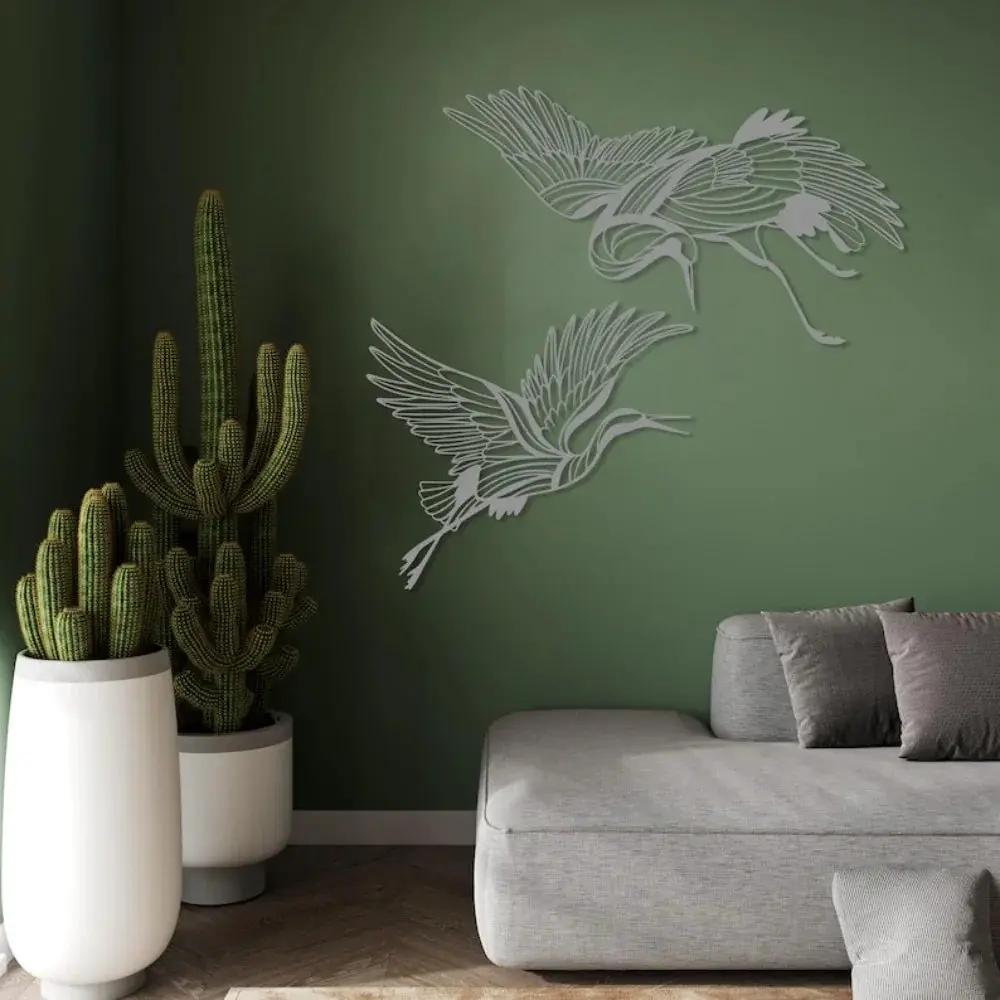 Metal Crane Wall Art Set of 2 with Flying Birds Decor by House Of Avana