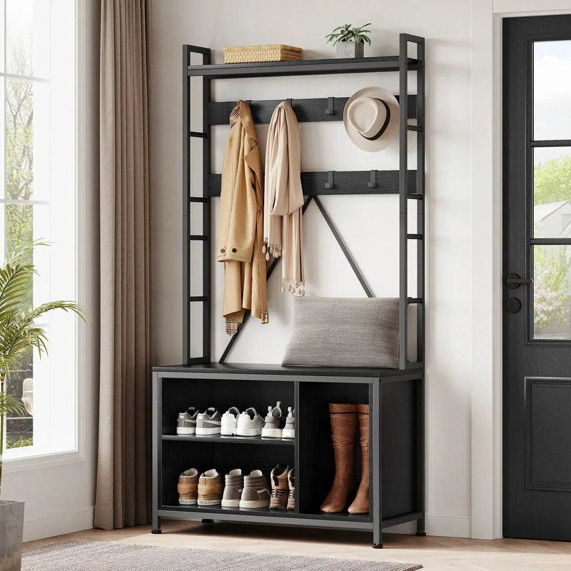 Metal Entryway Organizer with 17 Hooks and Storage Bench by House Of Avana
