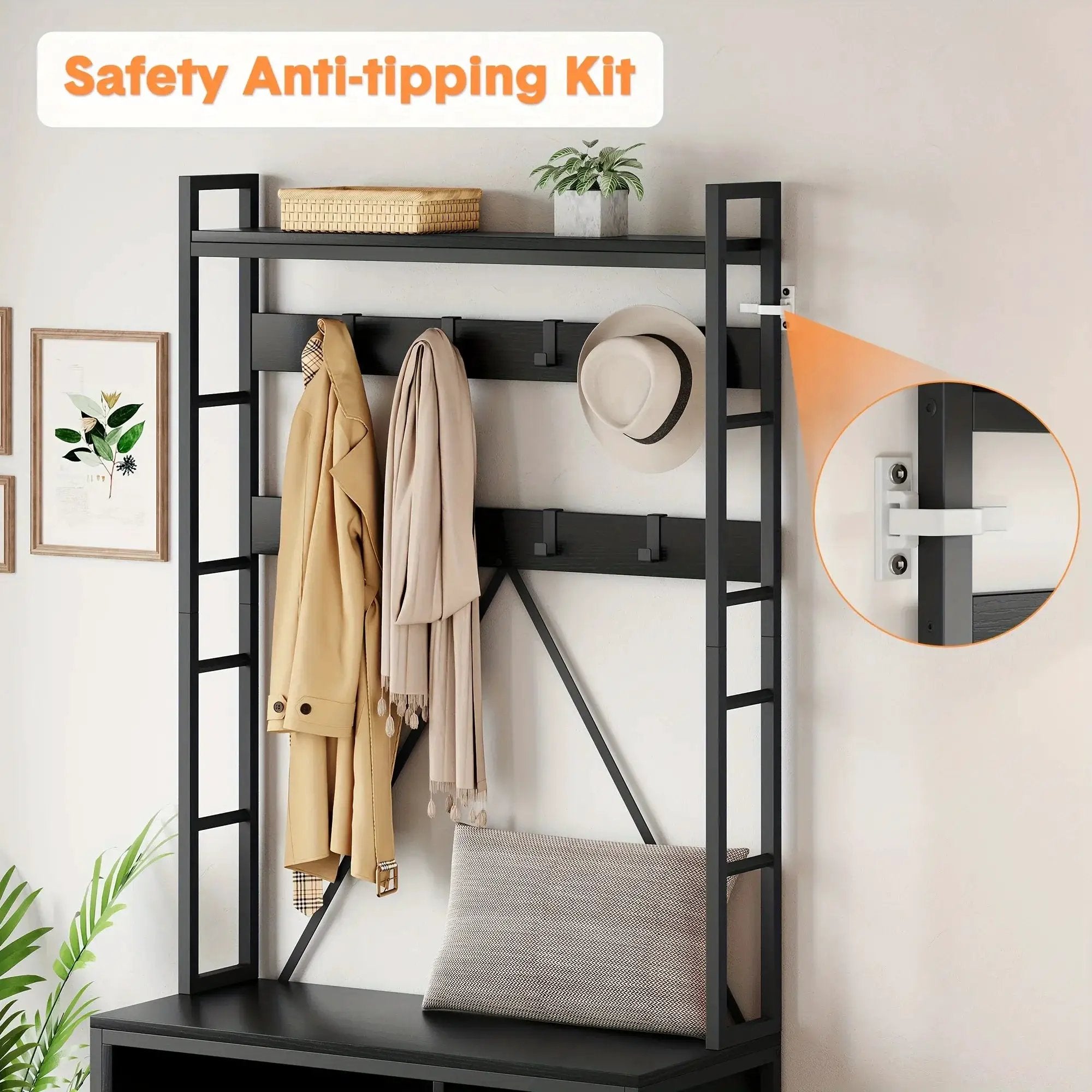 Metal Entryway Organizer with 17 Hooks and Storage Bench by House Of Avana