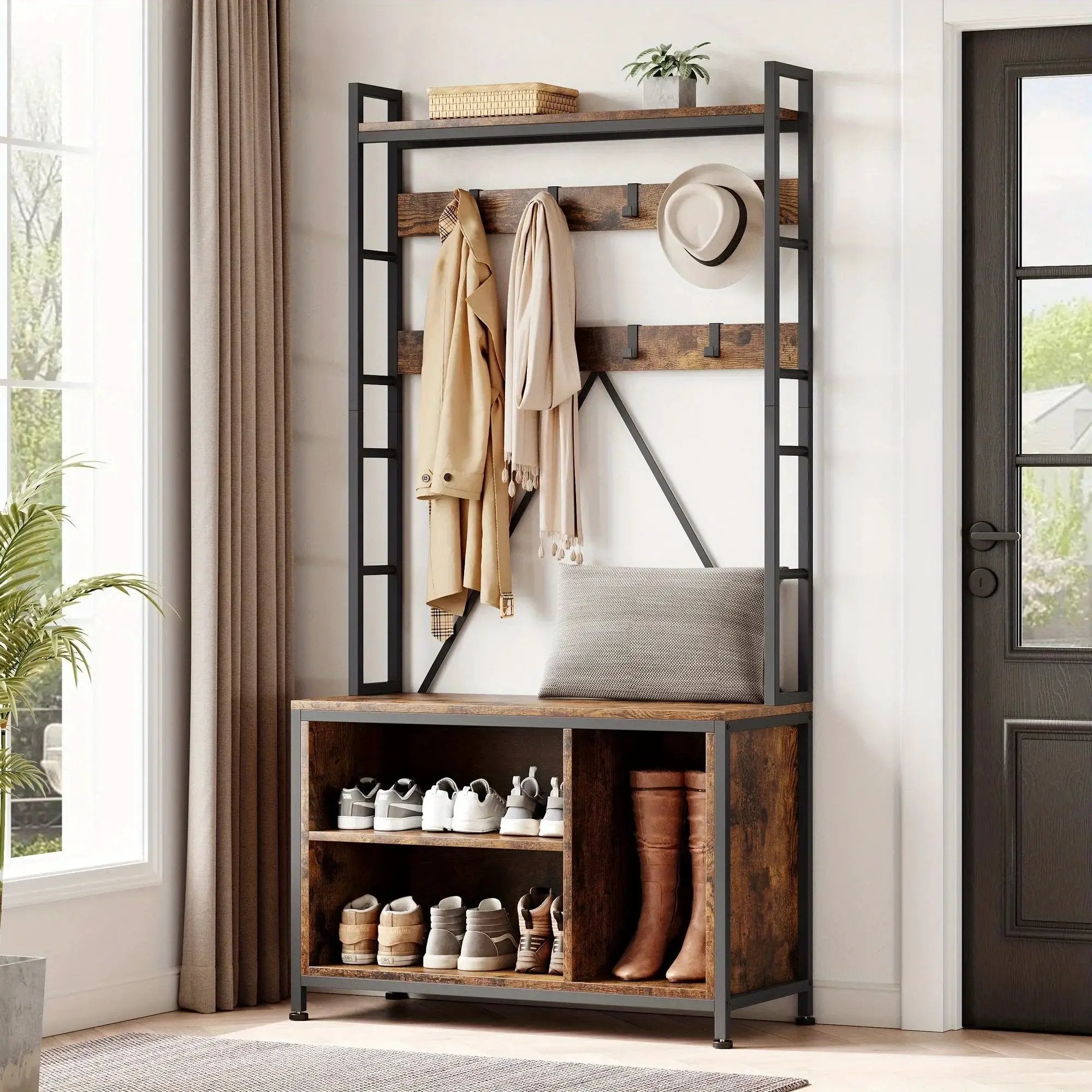 Metal Entryway Organizer with 17 Hooks and Storage Bench by House Of Avana
