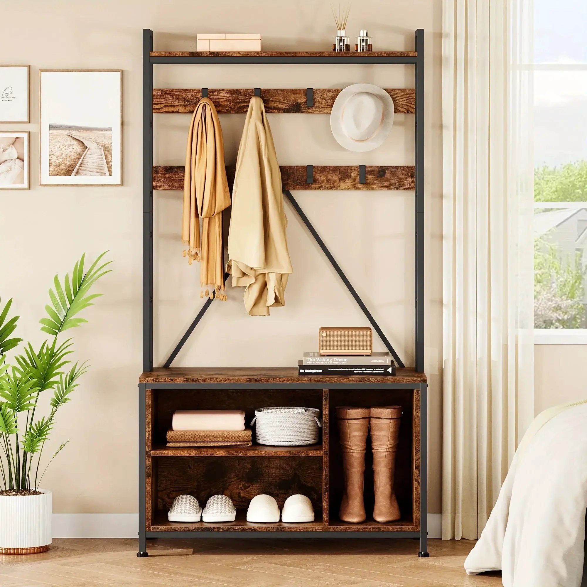 Metal Entryway Organizer with 17 Hooks and Storage Bench by House Of Avana