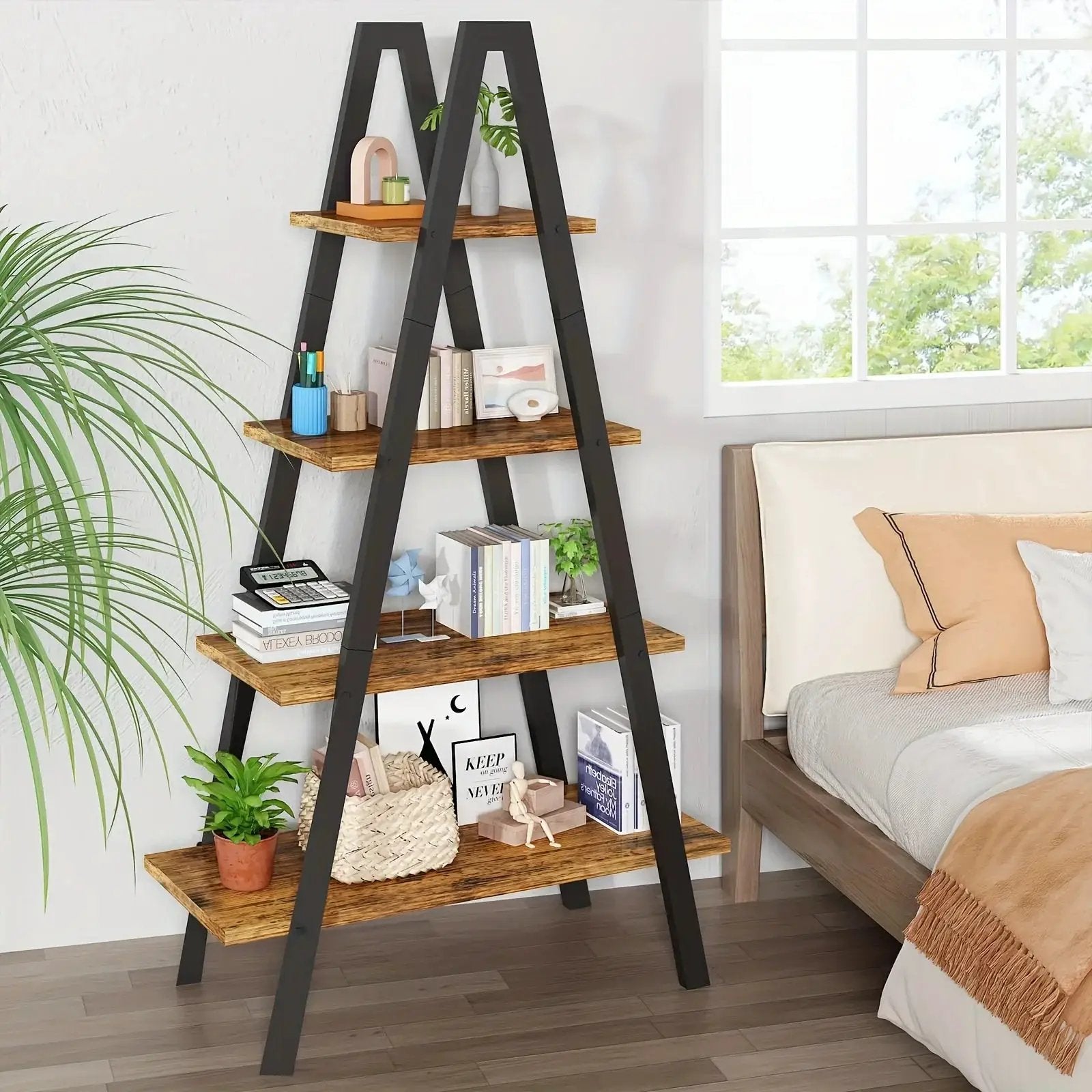 Metal Ladder Bookshelf with 5 Shelves for Industrial Storage by House Of Avana
