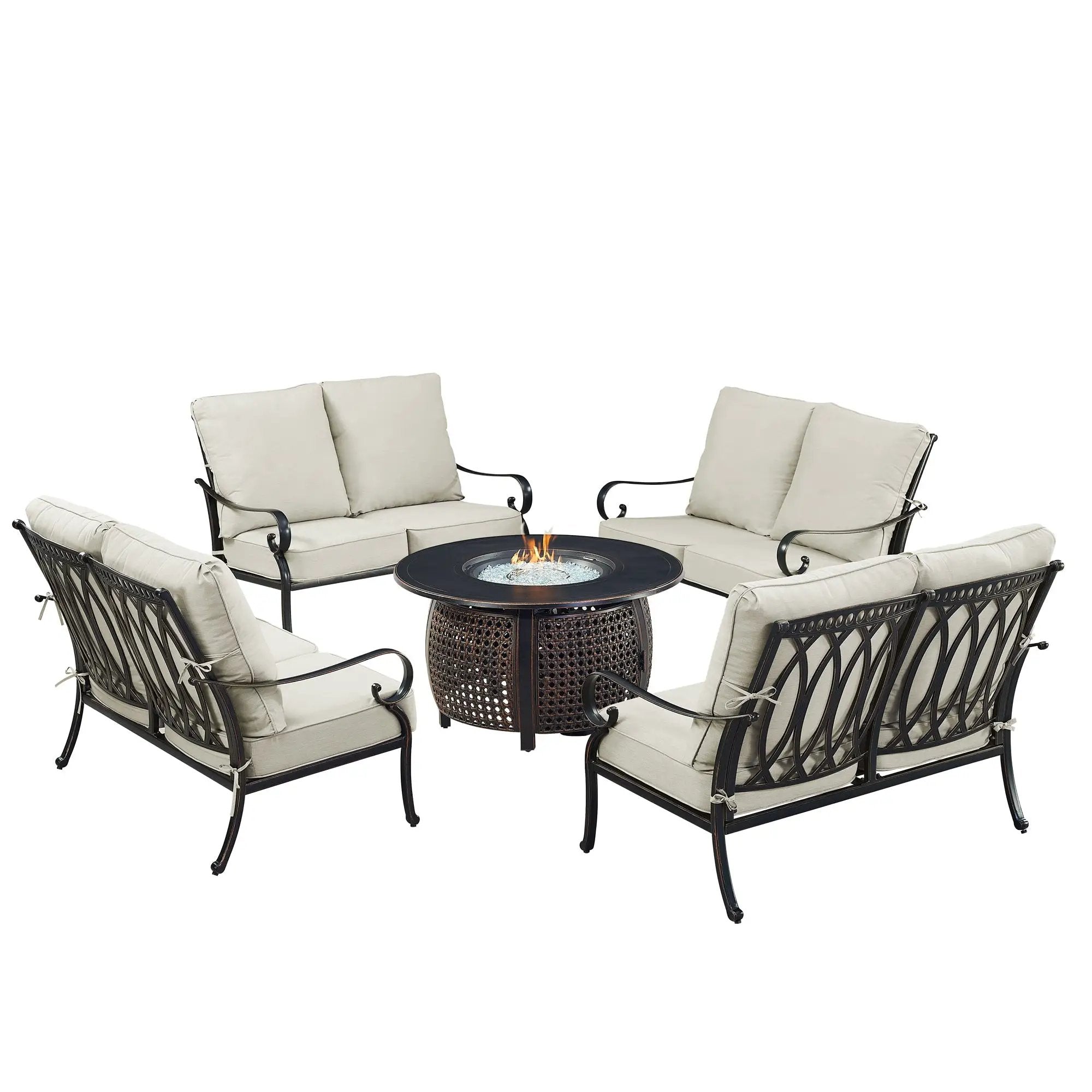 Black Aluminum Fire Table Set with Four Deep Seating Loveseats by Sharicks