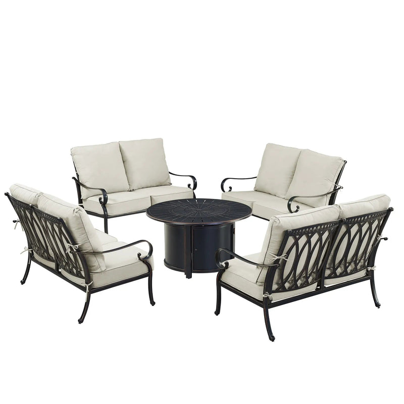 Black Aluminum Fire Table Set with Four Deep Seating Loveseats by Sharicks