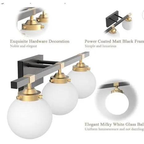 Tipace Mid Century Modern Bathroom Vanity Light Fixtures 3 Lights Milky White Glass Shades Black/Golden Bathroom Light Fixture(Exclude Bulb) by Selzalot