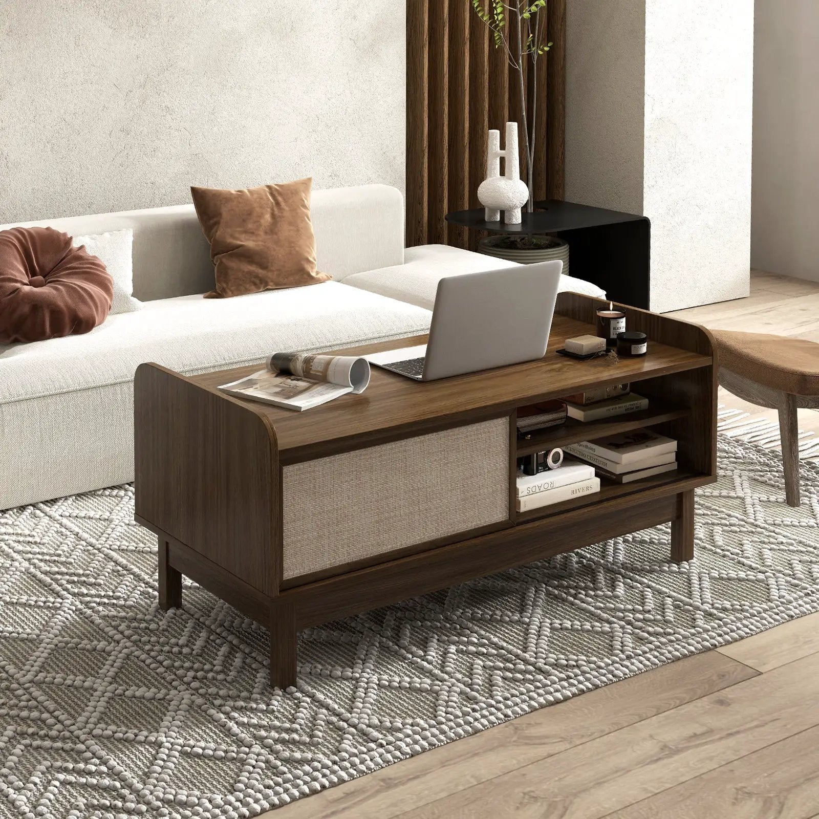 Mid-Century Center Table with Storage and Weaving Sliding Door & Adjustable Shelf-Walnut by DirectDeals