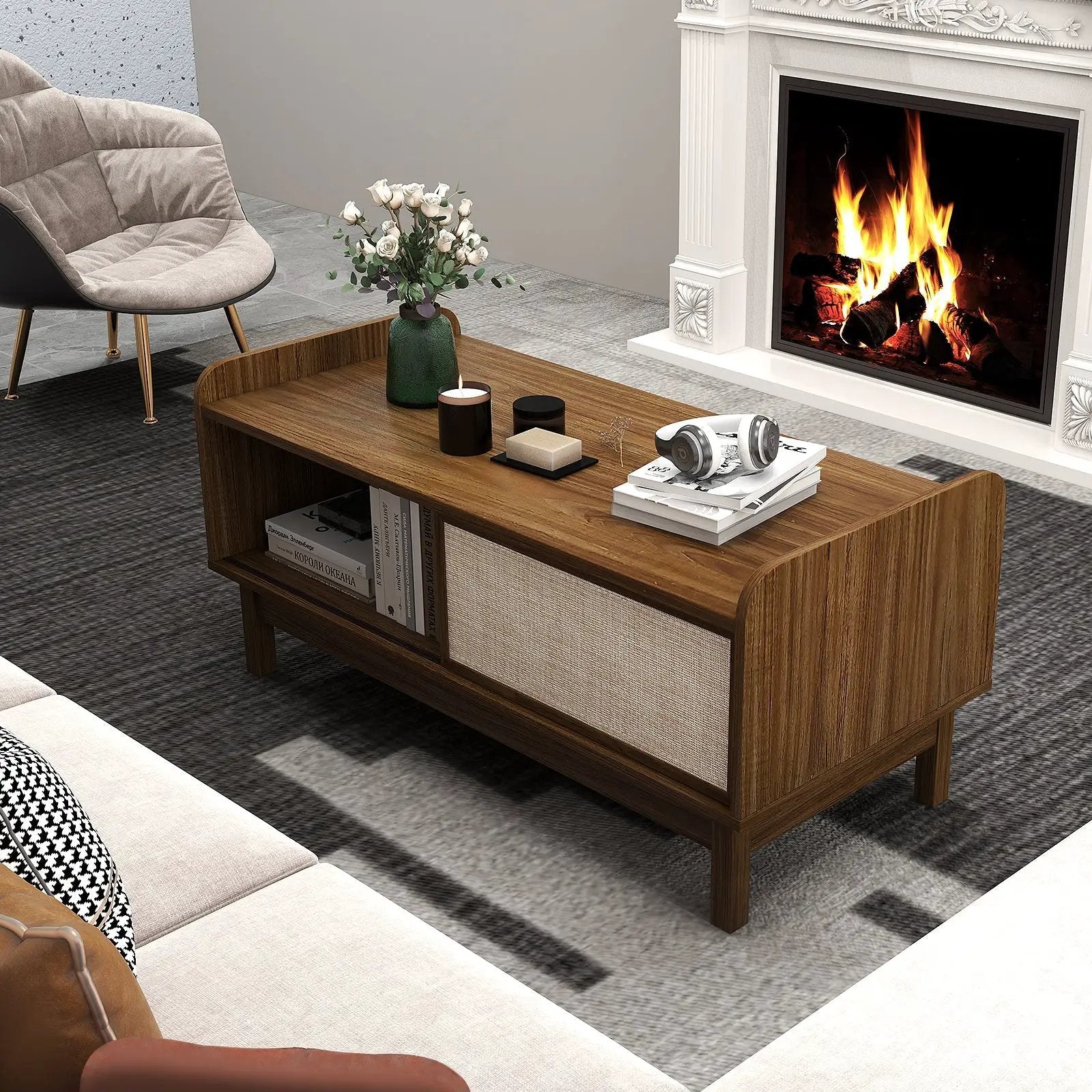Mid-Century Center Table with Storage and Weaving Sliding Door & Adjustable Shelf-Walnut by DirectDeals