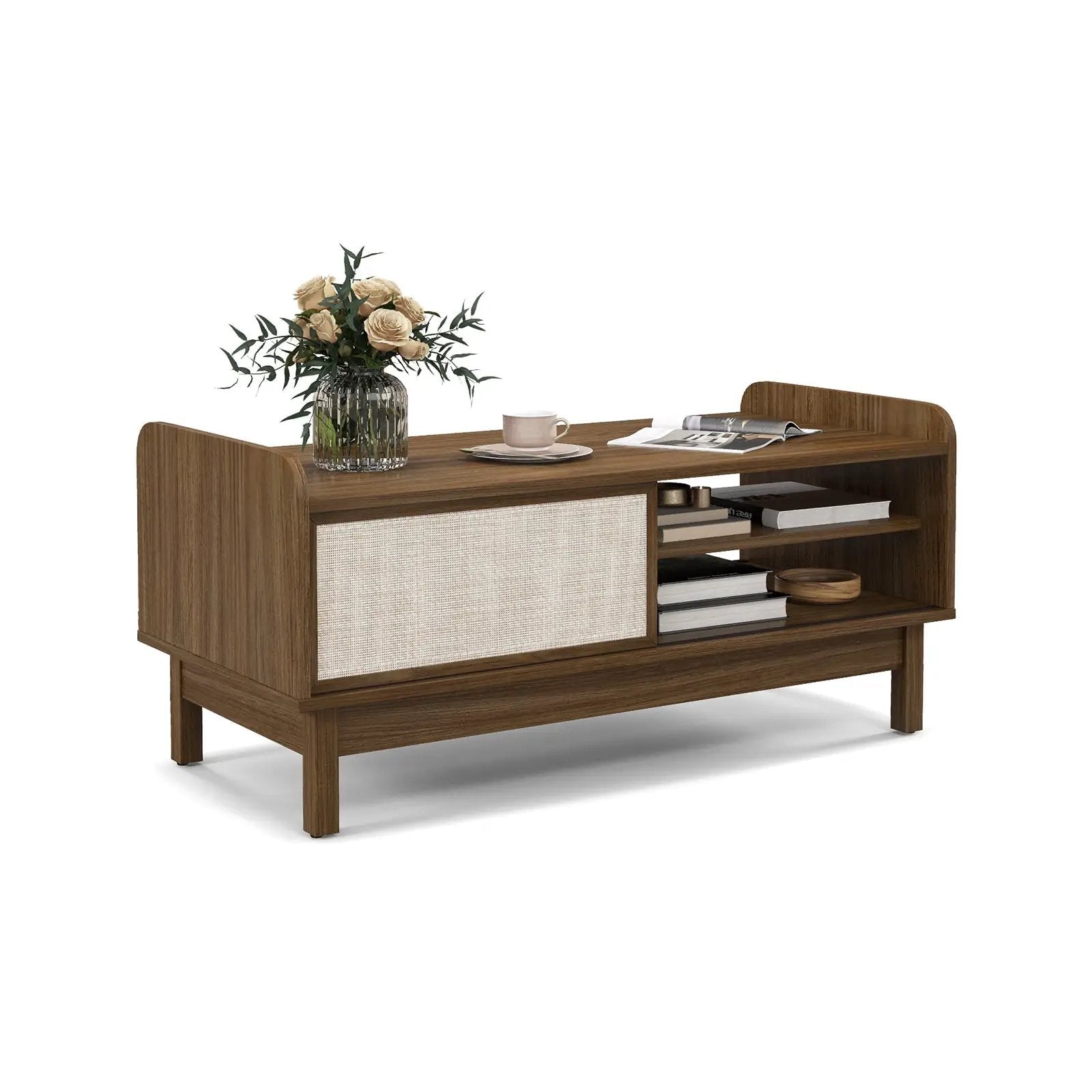 Mid-Century Center Table with Storage and Weaving Sliding Door & Adjustable Shelf-Walnut by DirectDeals
