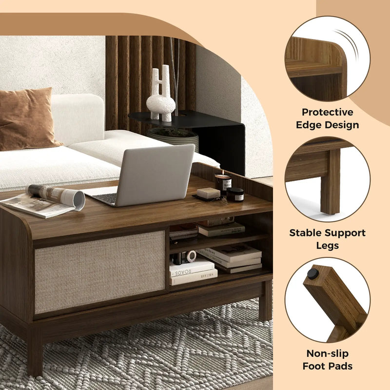 Mid-Century Center Table with Storage and Weaving Sliding Door & Adjustable Shelf-Walnut by DirectDeals