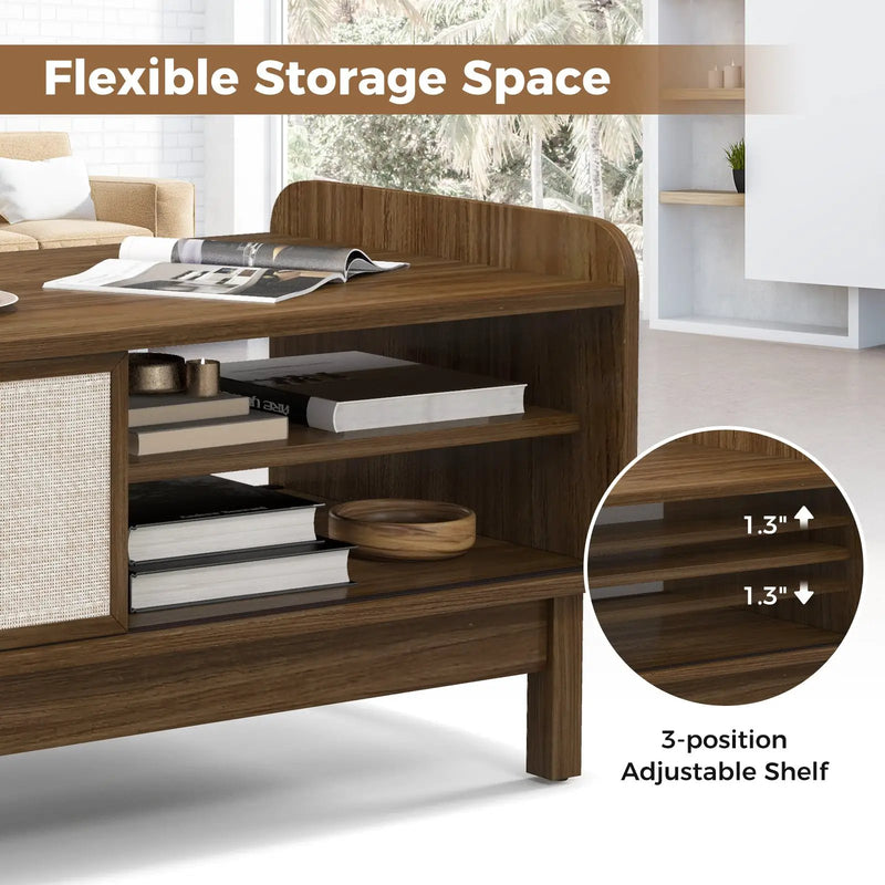 Mid-Century Center Table with Storage and Weaving Sliding Door & Adjustable Shelf-Walnut by DirectDeals