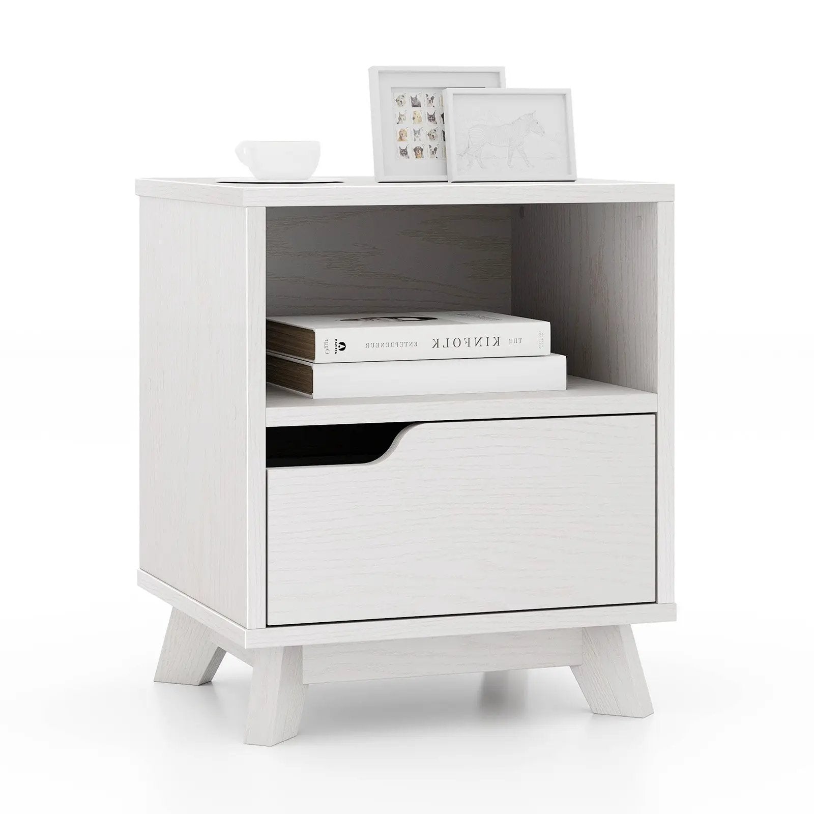 Mid Century Modern Bedside Table with Storage Drawer and Open Shelf-White by DirectDeals