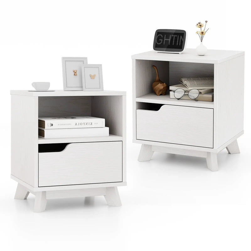 Mid Century Modern Bedside Table with Storage Drawer and Open Shelf-White by DirectDeals