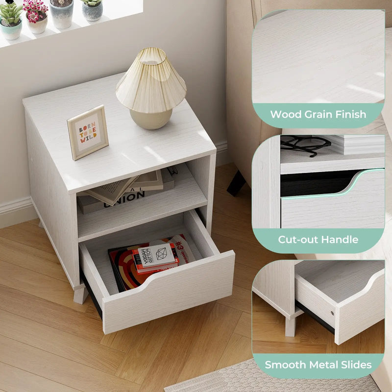 Mid Century Modern Bedside Table with Storage Drawer and Open Shelf-White by DirectDeals