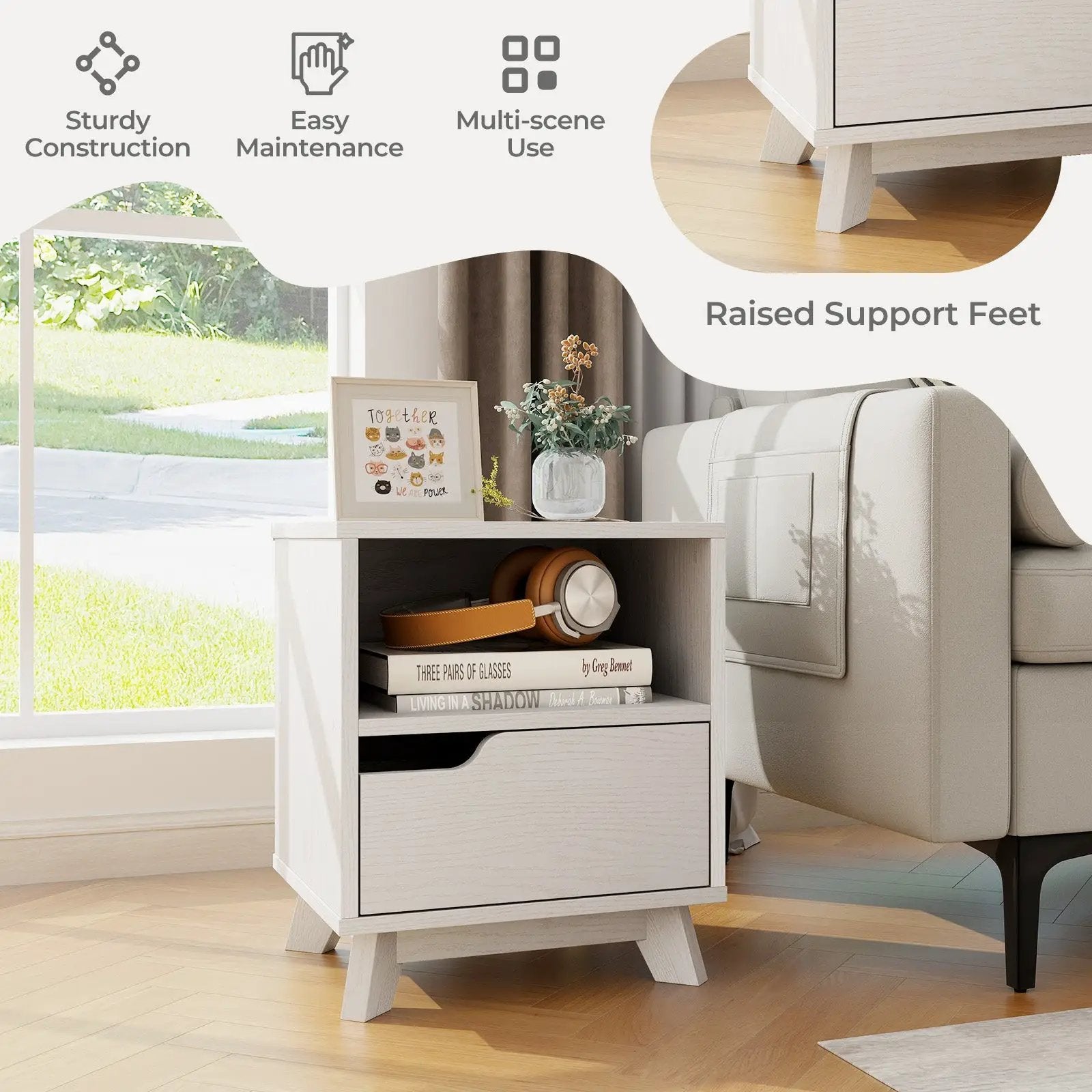 Mid Century Modern Bedside Table with Storage Drawer and Open Shelf-White by DirectDeals