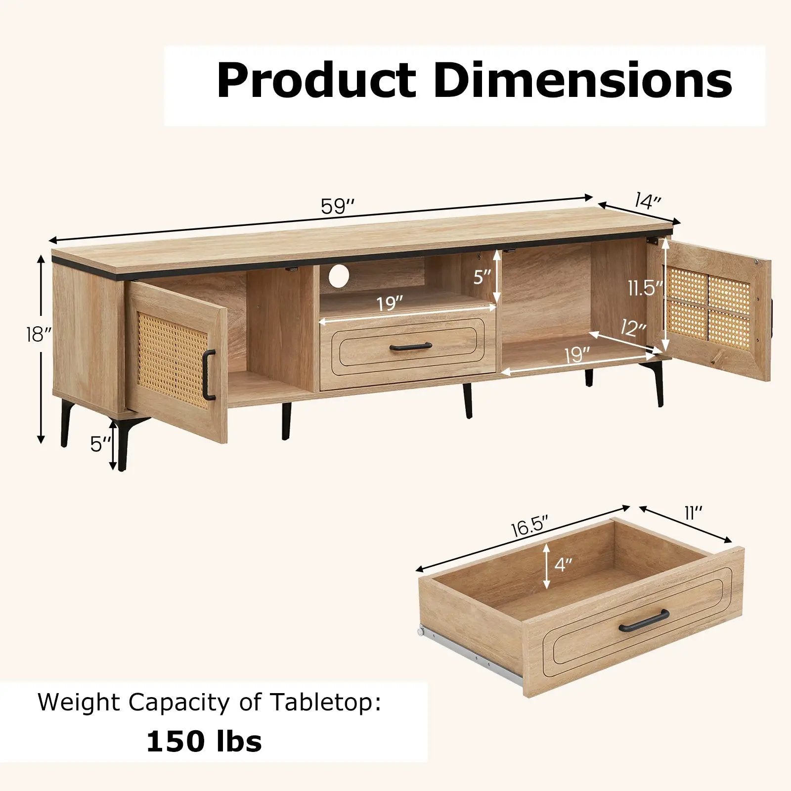Mid Century Modern Entertainment Center with 2 Cabinets and Storage Drawer-Oak by DirectDeals