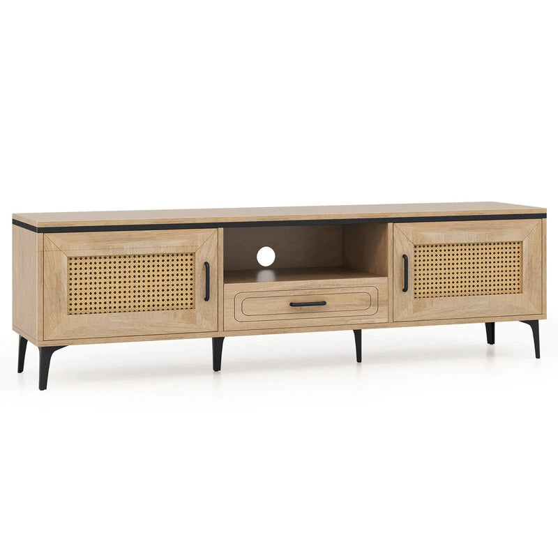 Mid Century Modern Entertainment Center with 2 Cabinets and Storage Drawer-Oak by DirectDeals
