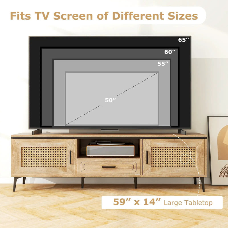 Mid Century Modern Entertainment Center with 2 Cabinets and Storage Drawer-Oak by DirectDeals