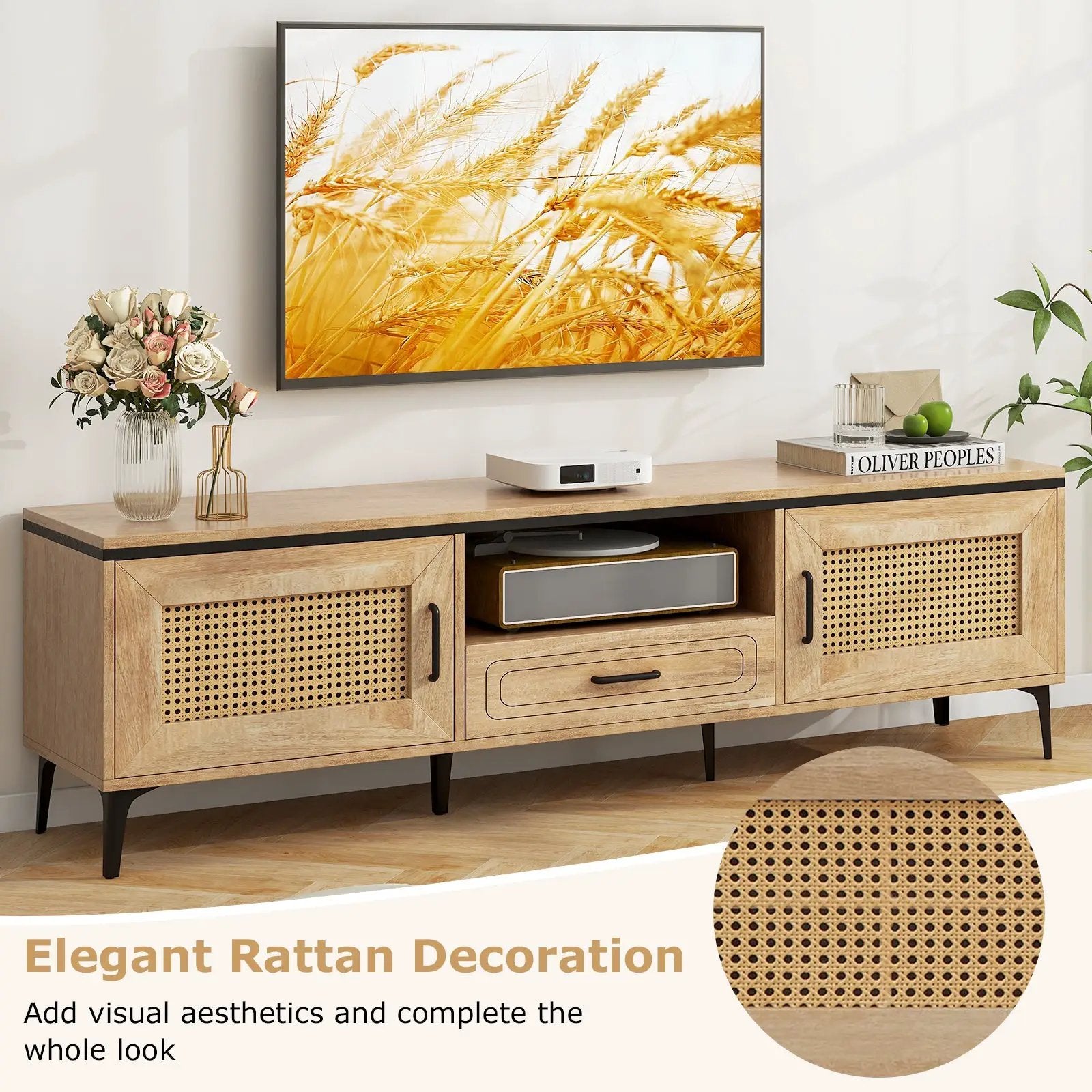Mid Century Modern Entertainment Center with 2 Cabinets and Storage Drawer-Oak by DirectDeals