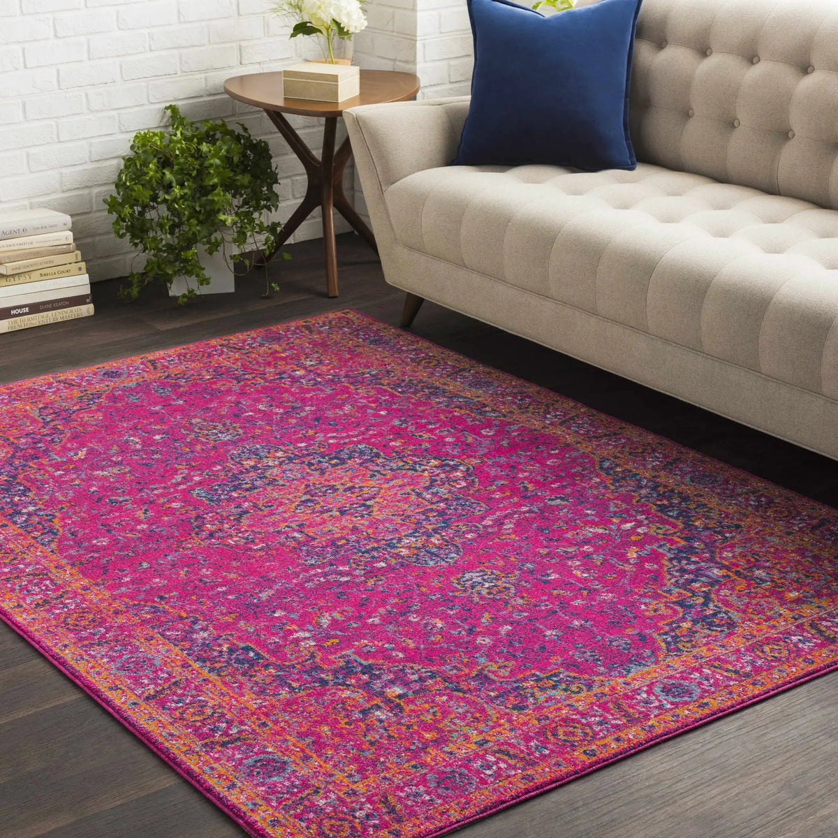 Milliken Magenta Area Rug, installed in a room