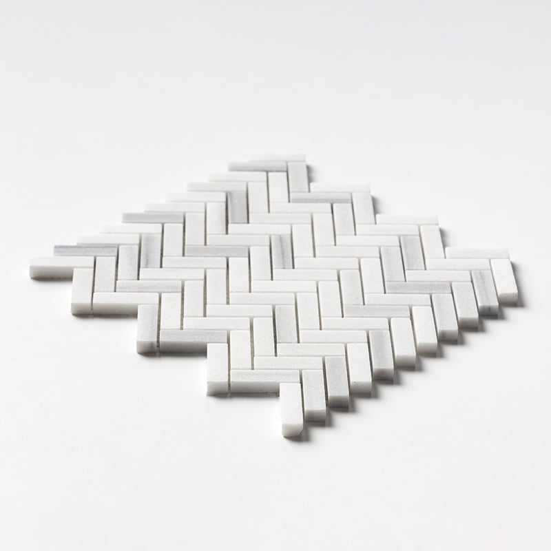 Mink White Honed Herringbone 5/8x2 Marble Mosaics 12 1/8x13 3/8 Marble Honed 12x12 Mosaics — 2