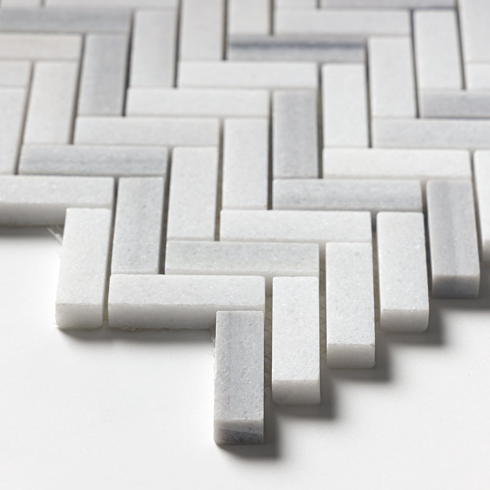 Mink White Honed Herringbone 5/8x2 Marble Mosaics 12 1/8x13 3/8 Marble Honed 12x12 Mosaics — 4