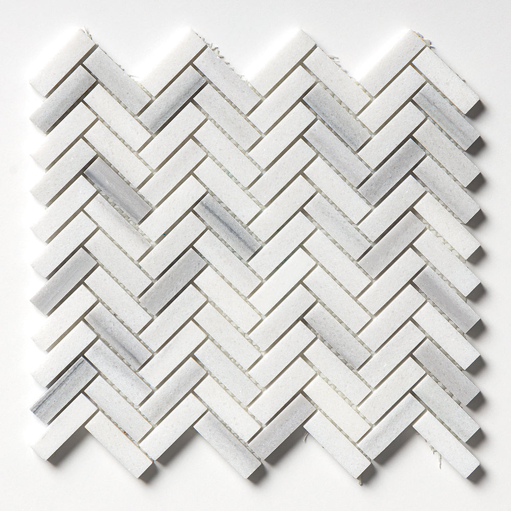 Mink White Honed Herringbone 5/8x2 Marble Mosaics 12 1/8x13 3/8 Marble Honed 12x12 Mosaics