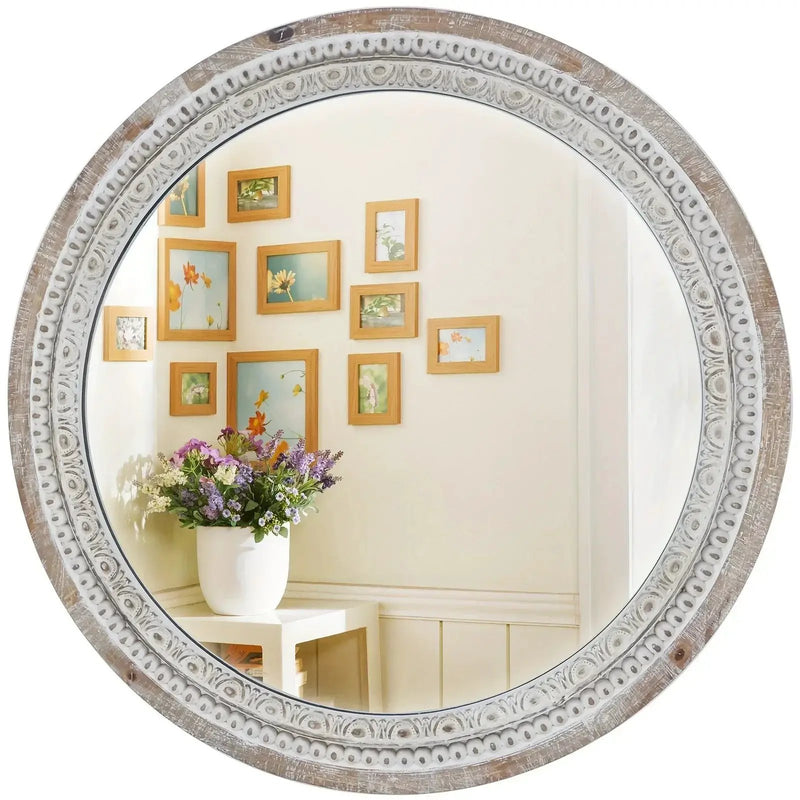 Mirror - Distressed Wood White Round by House Of Avana