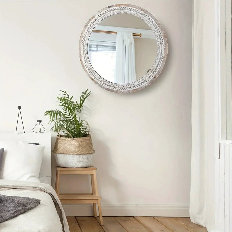 Mirror - Distressed Wood White Round by House Of Avana