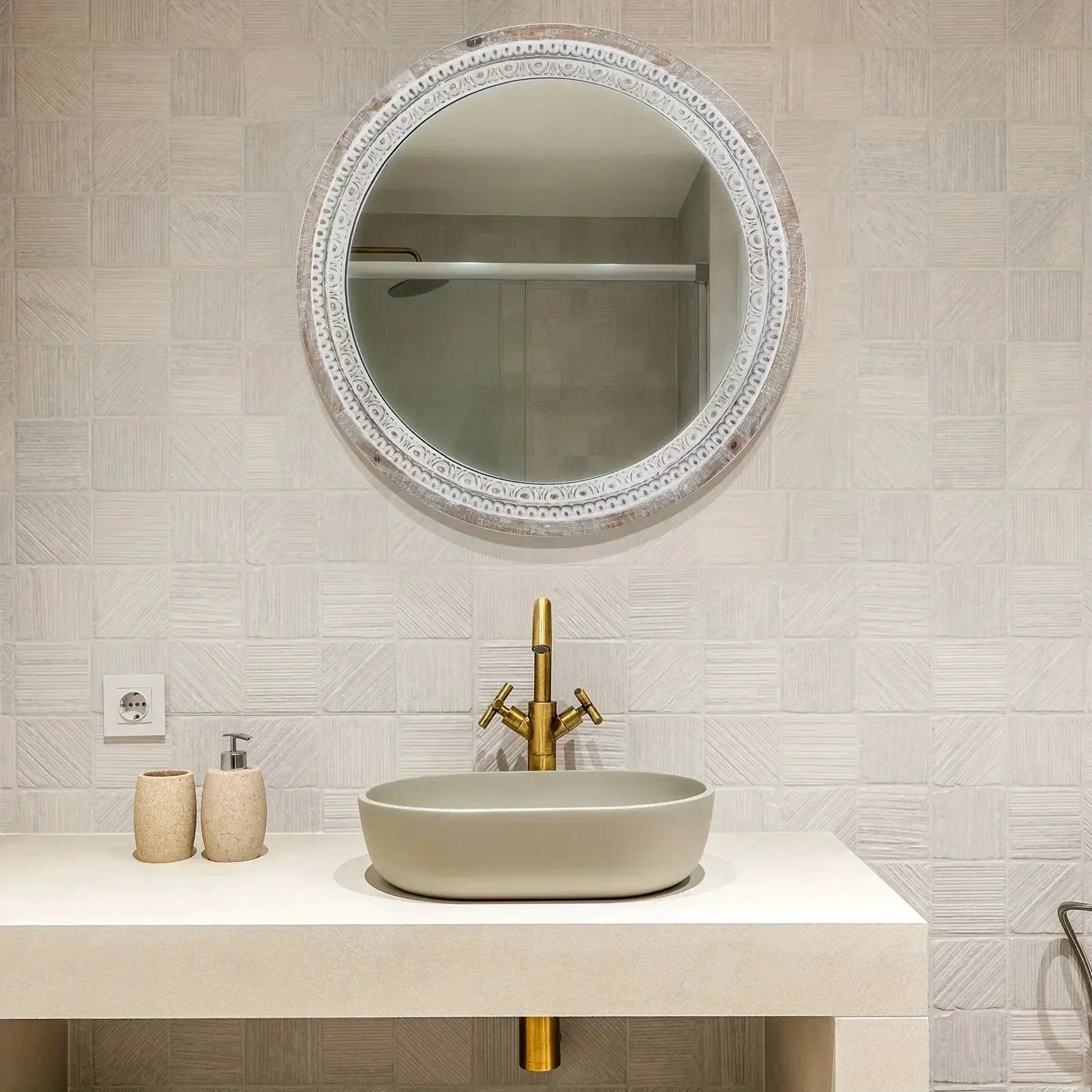 Mirror - Distressed Wood White Round by House Of Avana