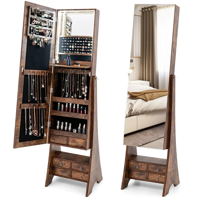 Freestanding Full Length LED Mirrored Jewelry Armoire with 6 Drawers by DirectDeals