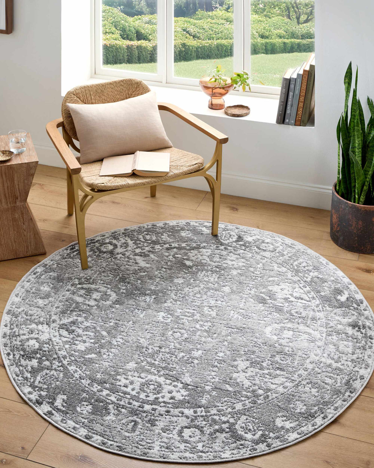 Tripp Distressed Gray Rug, installed in a room