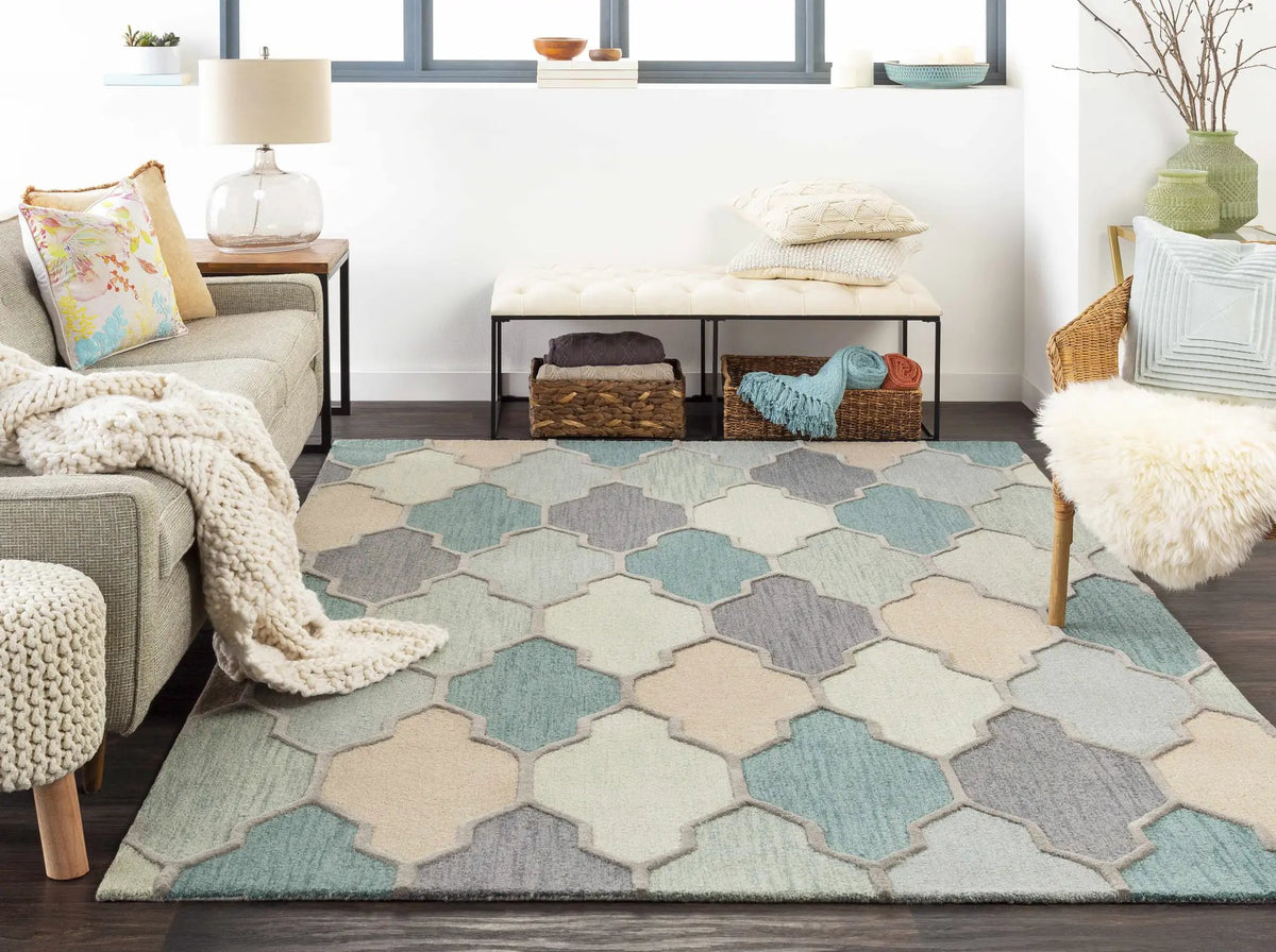 Monteview Sage&Teal Geometric Wool Rug - Clearance, installed in a room 2