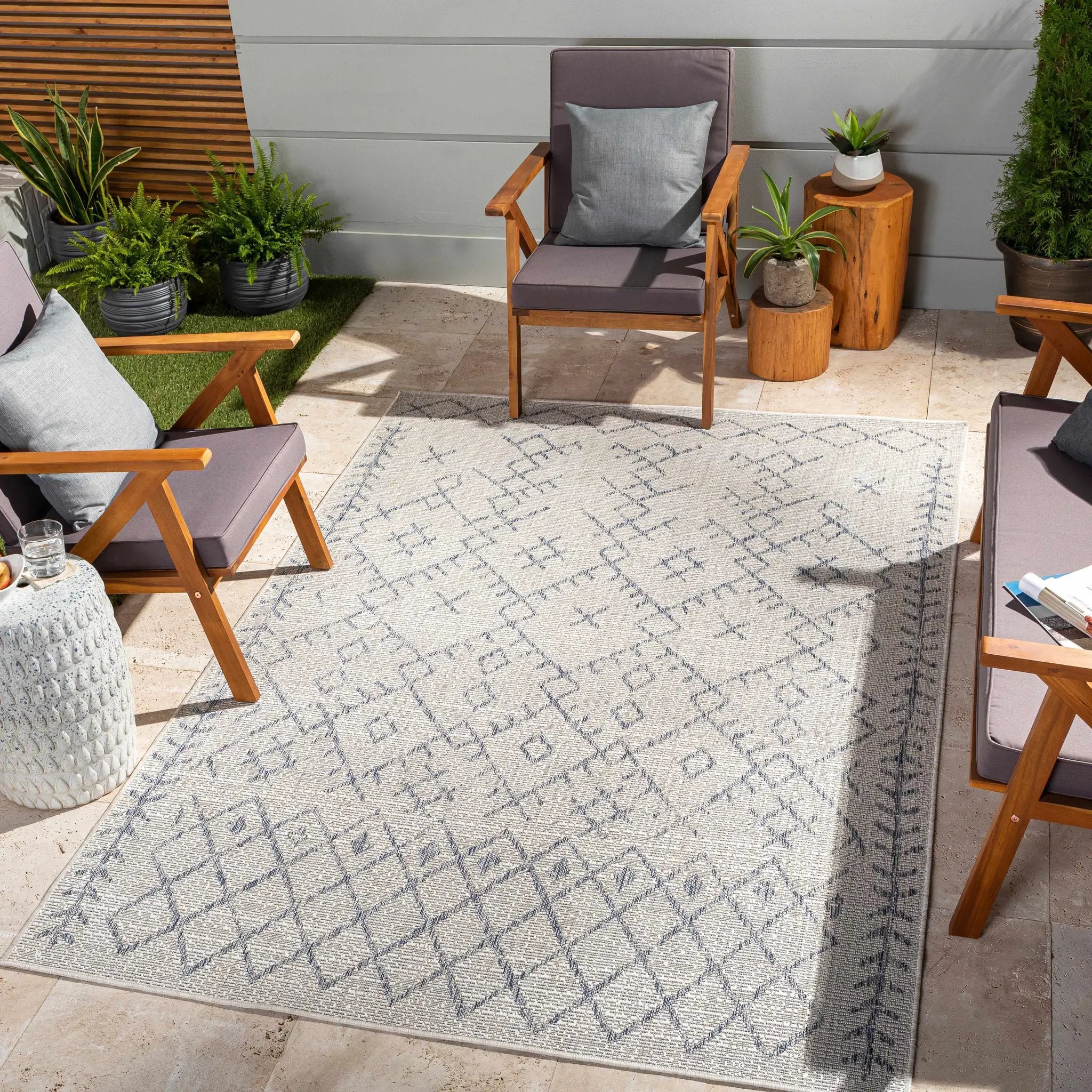 Maunawili Blue Detailed Gray Outdoor Rug - Clearance by Boutique Rugs