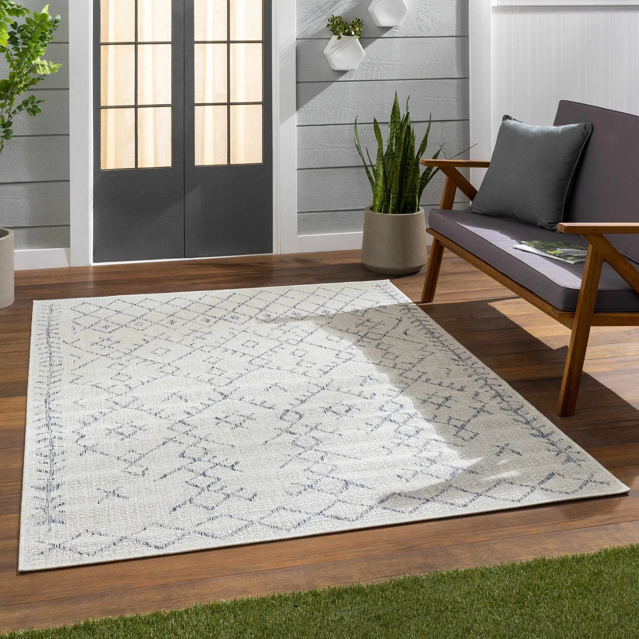 Maunawili Blue Detailed Gray Outdoor Rug - Clearance by Boutique Rugs