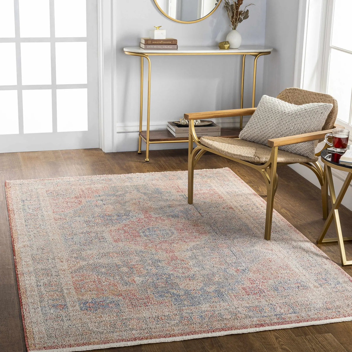 Akio Red & Blue Area Rug - Clearance, installed in a room