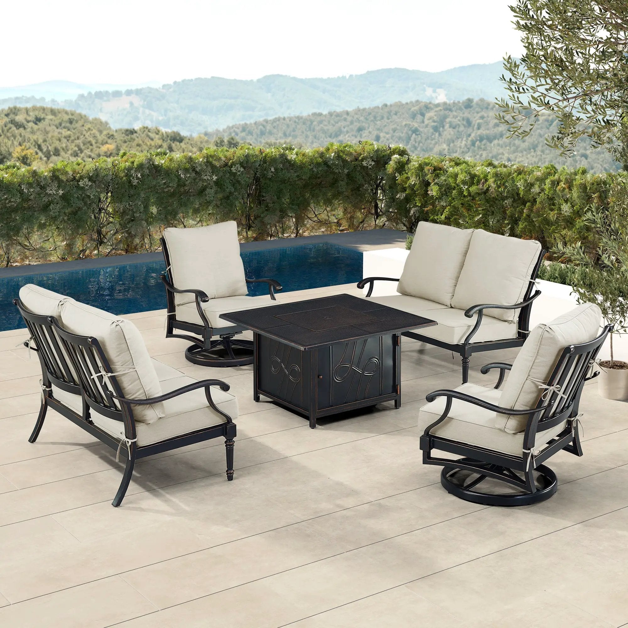 Black Aluminum Fire Table Set with Two Loveseats and Two Club Chairs by Sharicks
