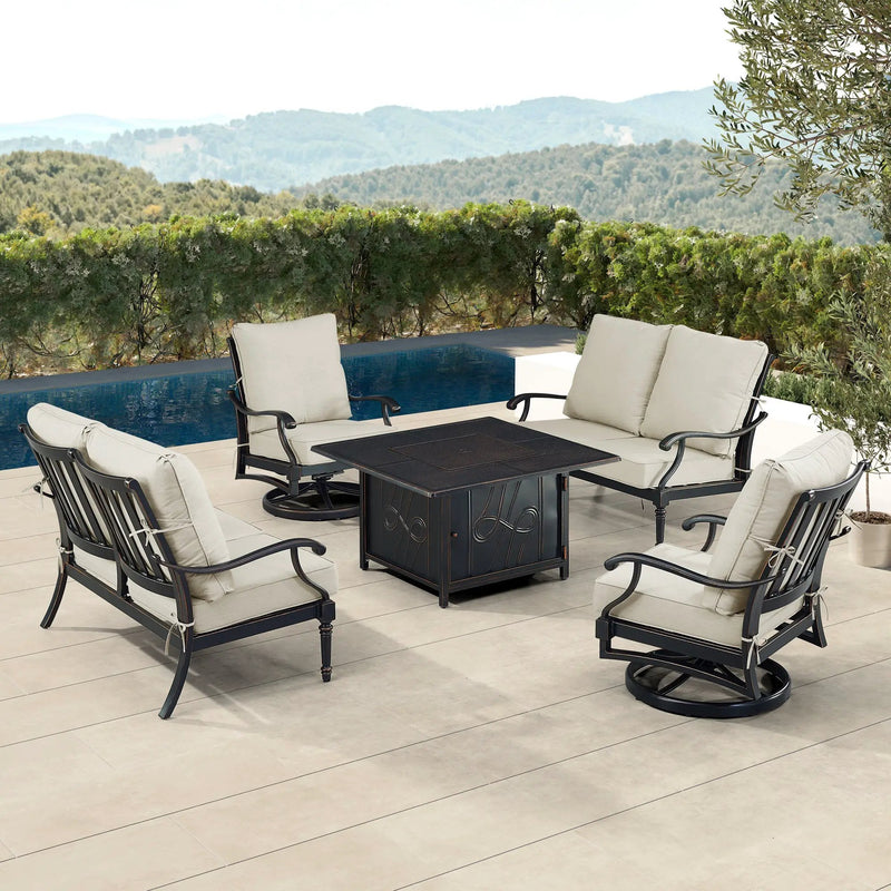 Black Aluminum Fire Table Set with Two Loveseats and Two Club Chairs by Sharicks
