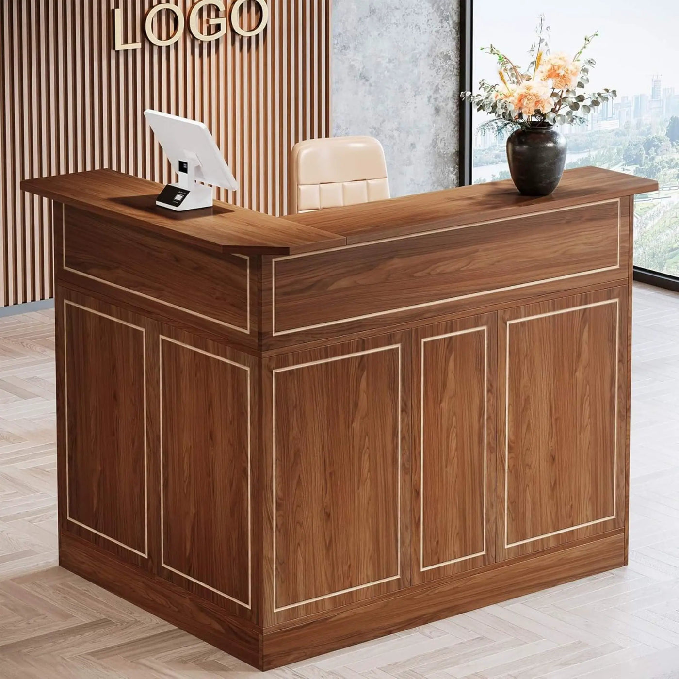 Modern L-Shaped Reception Desk With Storage Shelves (SAK81036) by SAKSBY WHOLESALE