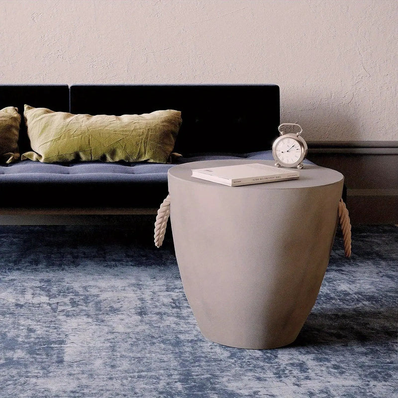 Modern Light Gray Concrete End Table with Rope Handles by House Of Avana