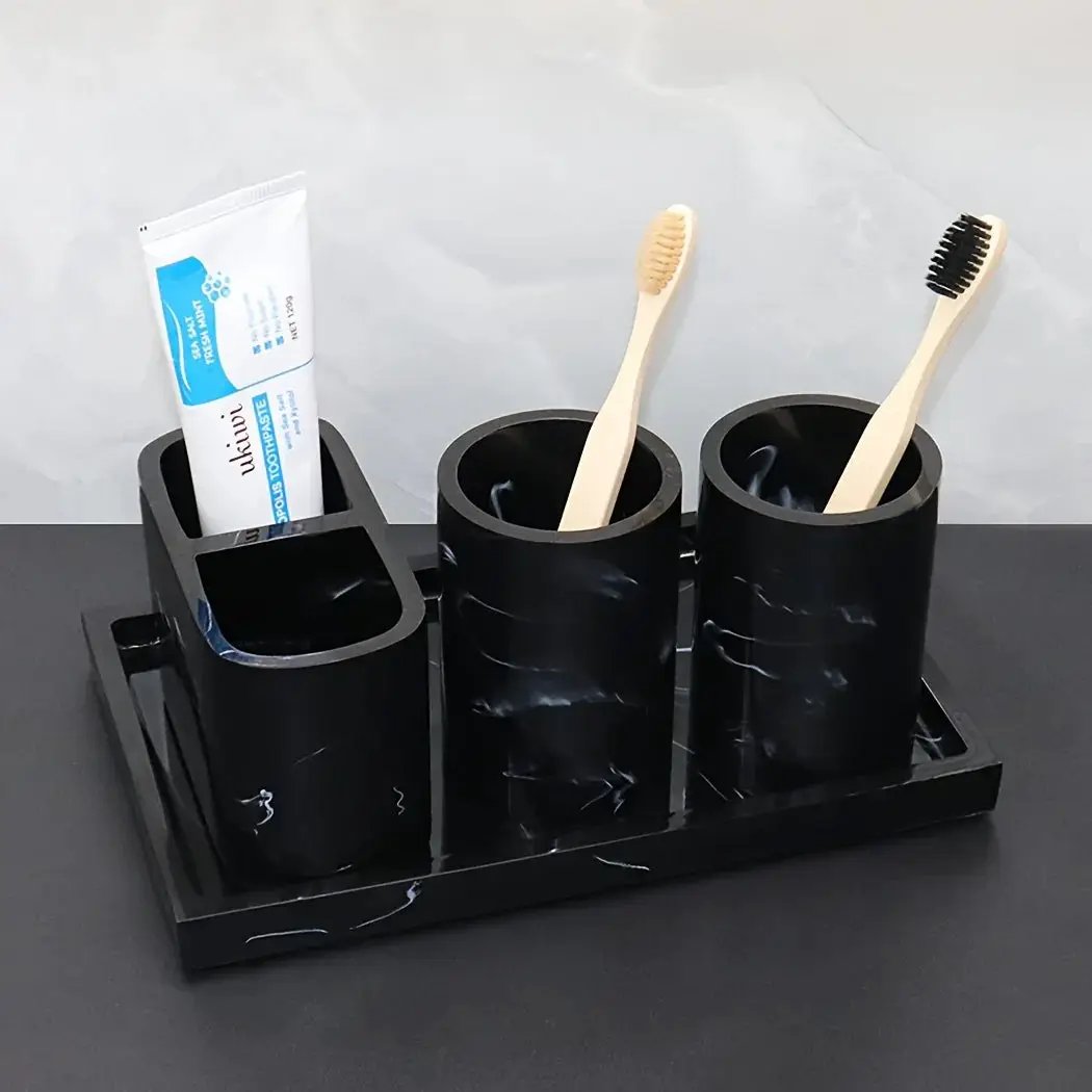 Modern Marble Look Ink-Style 5pcs Bathroom Accessory Set with Rectangular Tray, Toothbrush Holder, Tumbler, and Lotion Dispenser Set by House Of Avana