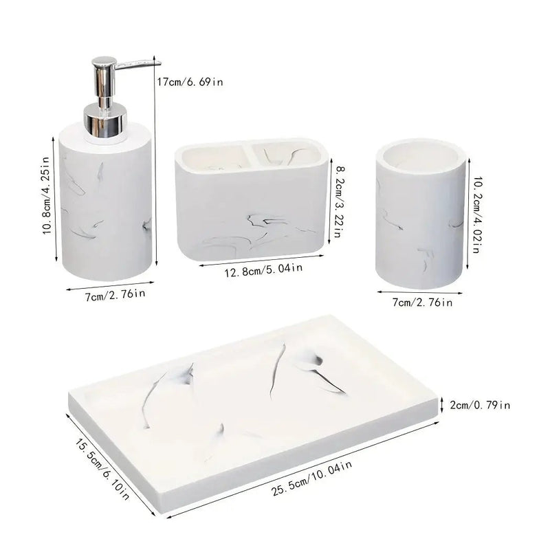 Modern Marble Look Ink-Style 5pcs Bathroom Accessory Set with Rectangular Tray, Toothbrush Holder, Tumbler, and Lotion Dispenser Set by House Of Avana